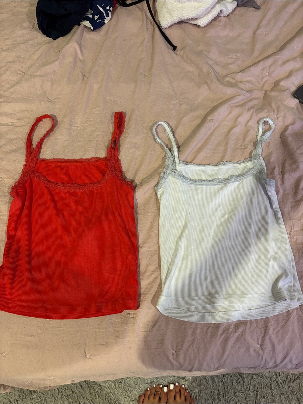 Red & White Lace Trim Tank Tops